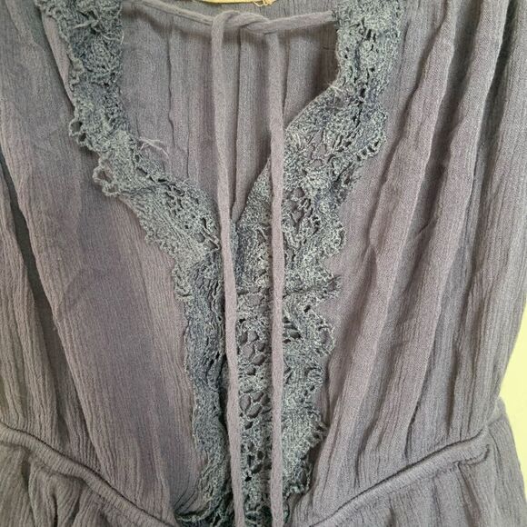 Elegant Unique Celtic Flowy 3/4 Sleeve Navy Blue Romper with Knit Lace Ruffles - Picture 8 of 11